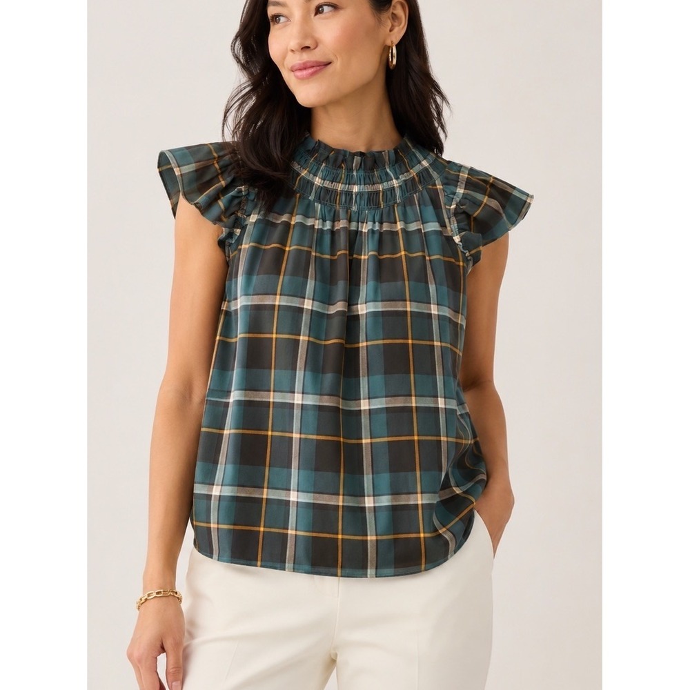 Ann Taylor Green Plaid Baby Doll Style Top Size Lg Cottagecore Preppy Lined